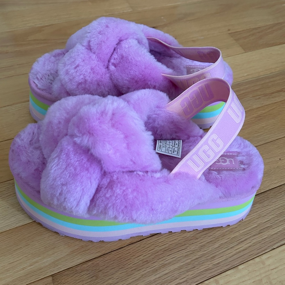 UGG Purple Plush Platform Sandals with Green, Blue, Pink Stripes
